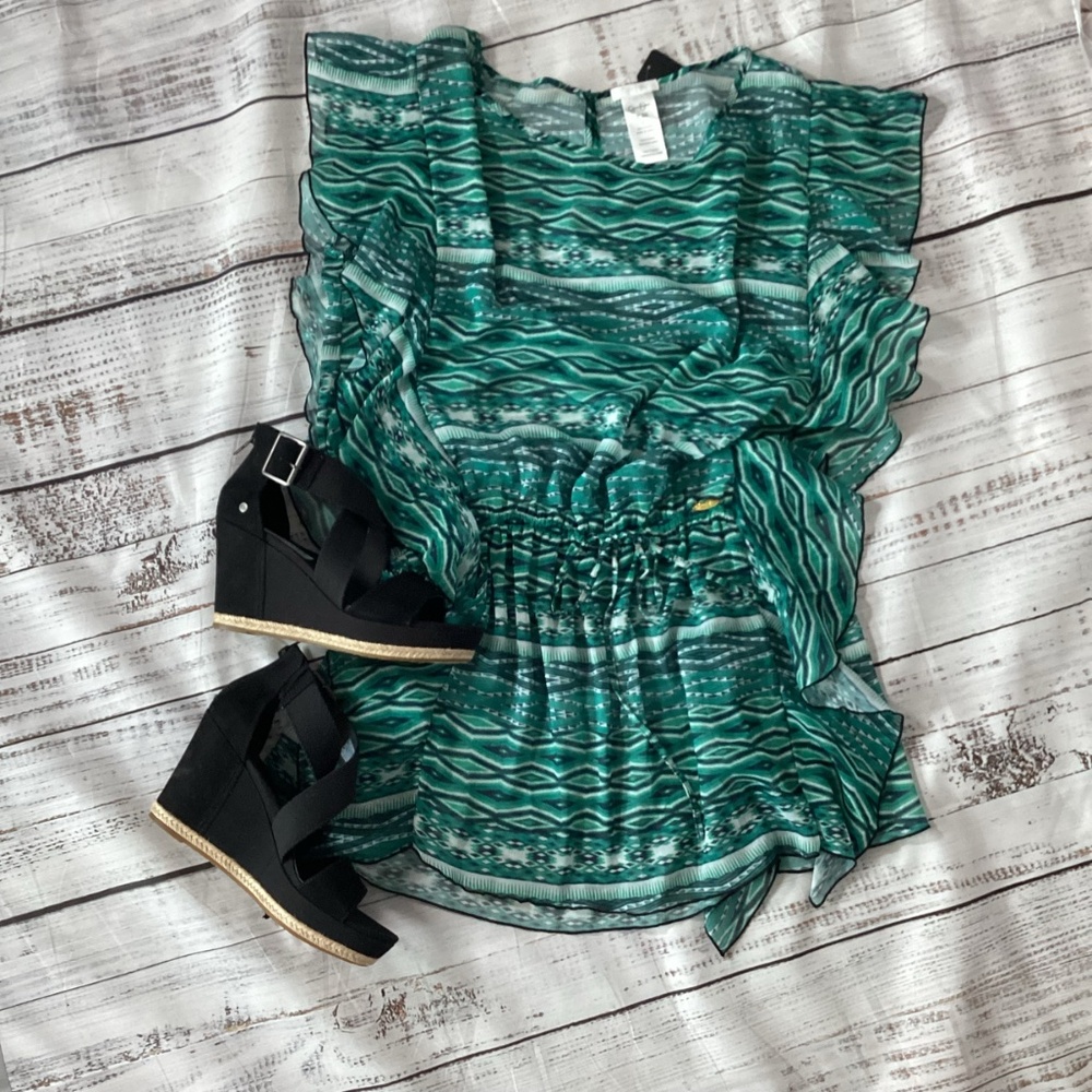 737. Jessica Simpson Green Black & White Short Sleeve Cover-Up EUC Size Large